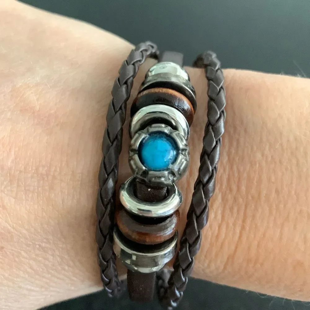 Ibiza Multi-Strand Brown Vegan Leather Cuff Bracelet Turquoise Accent